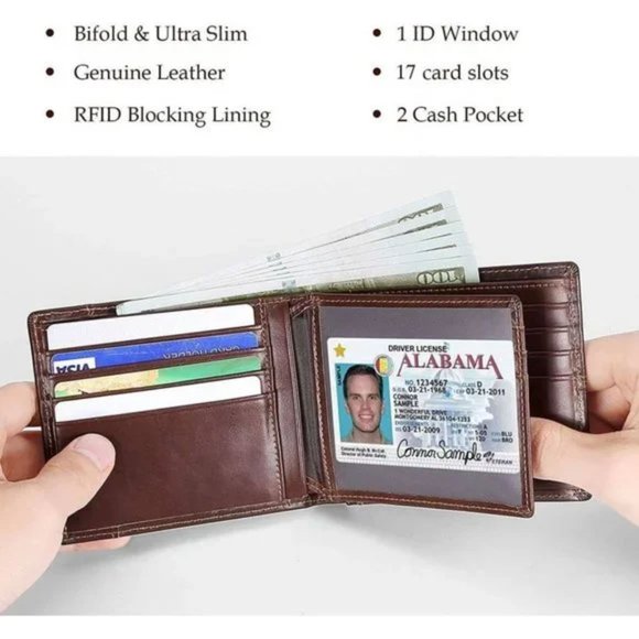 Men Wallet RFID Genuine Leather Bifold Wallets For Men, ID Window 16 Card Holder - Picture 4 of 7